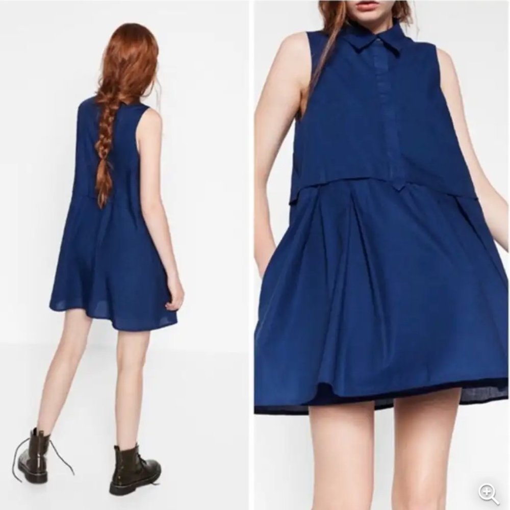 ZARA Trafaluc Blue Collared Sleeveless Babydoll Dress Size Small